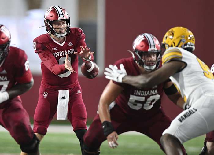 Indiana Hoosiers quarterback Connor Bazelak (9) takes the snap against the Idaho Vandals during the second half at Memorial Stadium. The Hoosiers won 35-22.